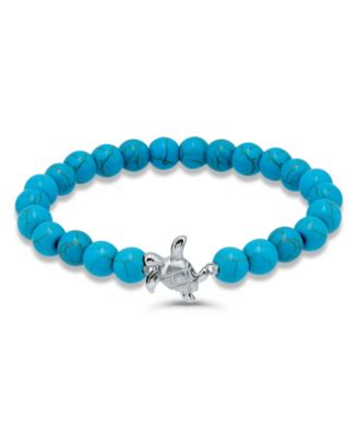 Howlite Chrysocolla Sodalite Beads and Sea Turtle Charm Station Silver Plated Stretch Bracelet