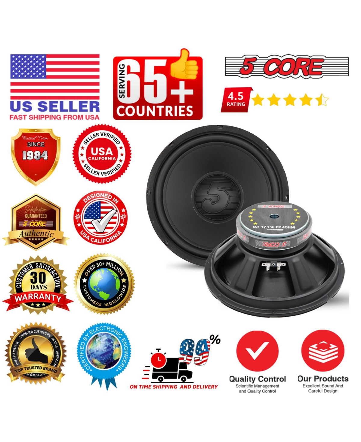 5 Core 12 Inch Woofer 400W Car Subwoofer 4Ohm Replacement Deep Sub w Poly Cone - Wf 12 156 Pp 4OHM