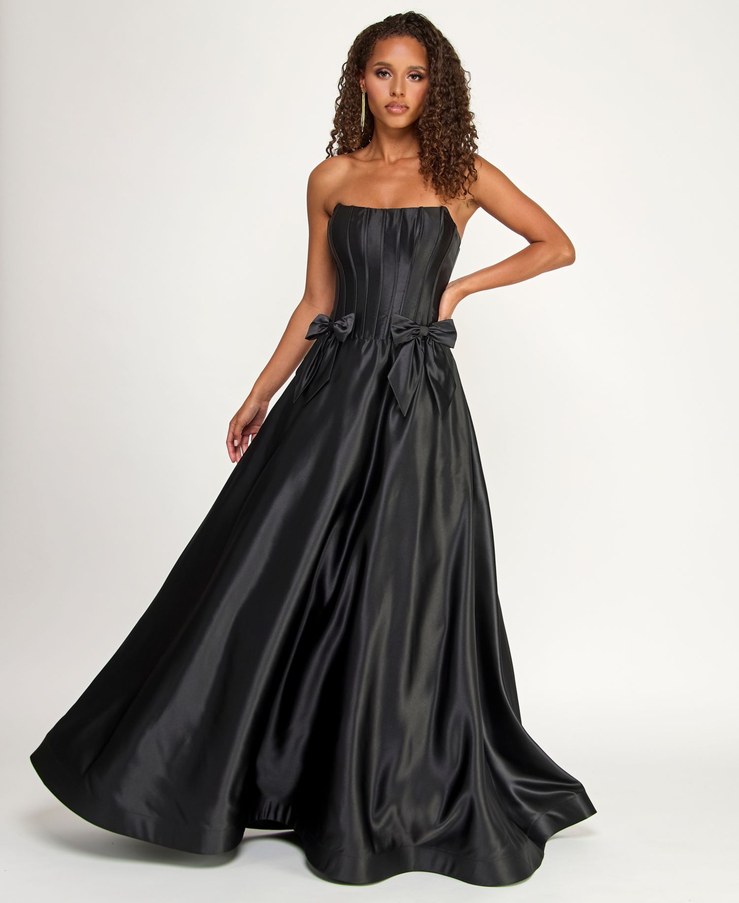 Juniors Strapless Satin Ball Gown with Waist Bows and Corset Bodice