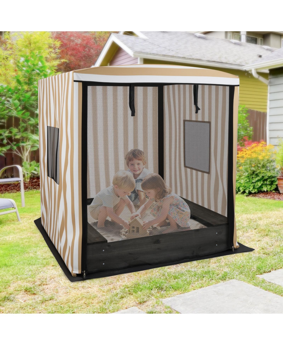 Hongge Wooden Sandbox with Adjustable Canopy and Storage Bench for Kids Ages 3