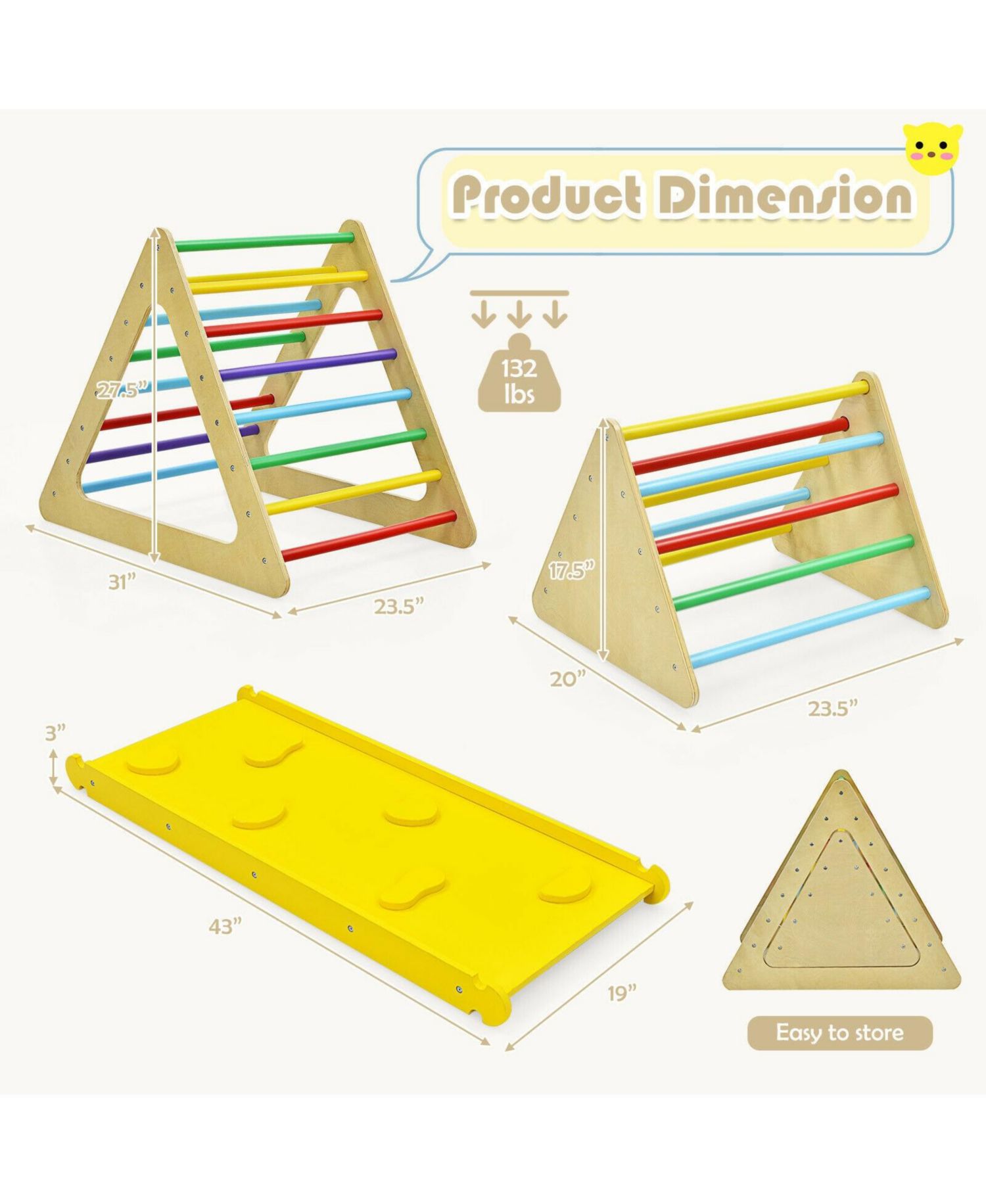3-in-1 Wooden Triangle Climbers and Ramp, 3-Piece Set