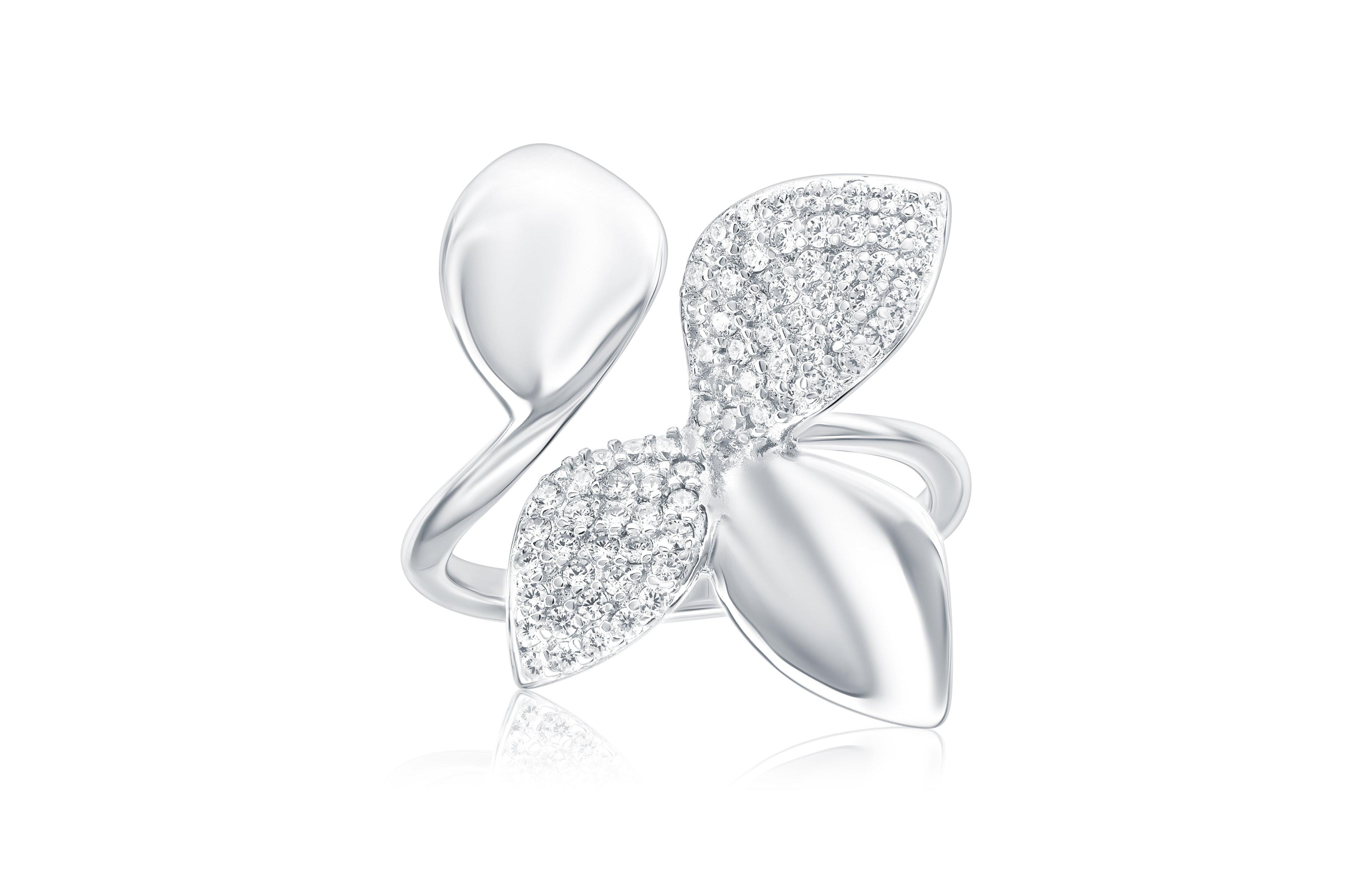 Suzy Levian New York Sterling Silver Cubic Zirconia Abstract Flower Leaf Bypass Ring.