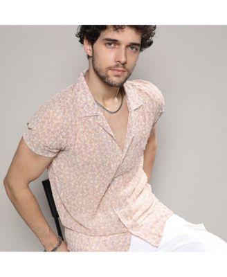 Men's Beige Washed Flowers Seld-Design Shirt