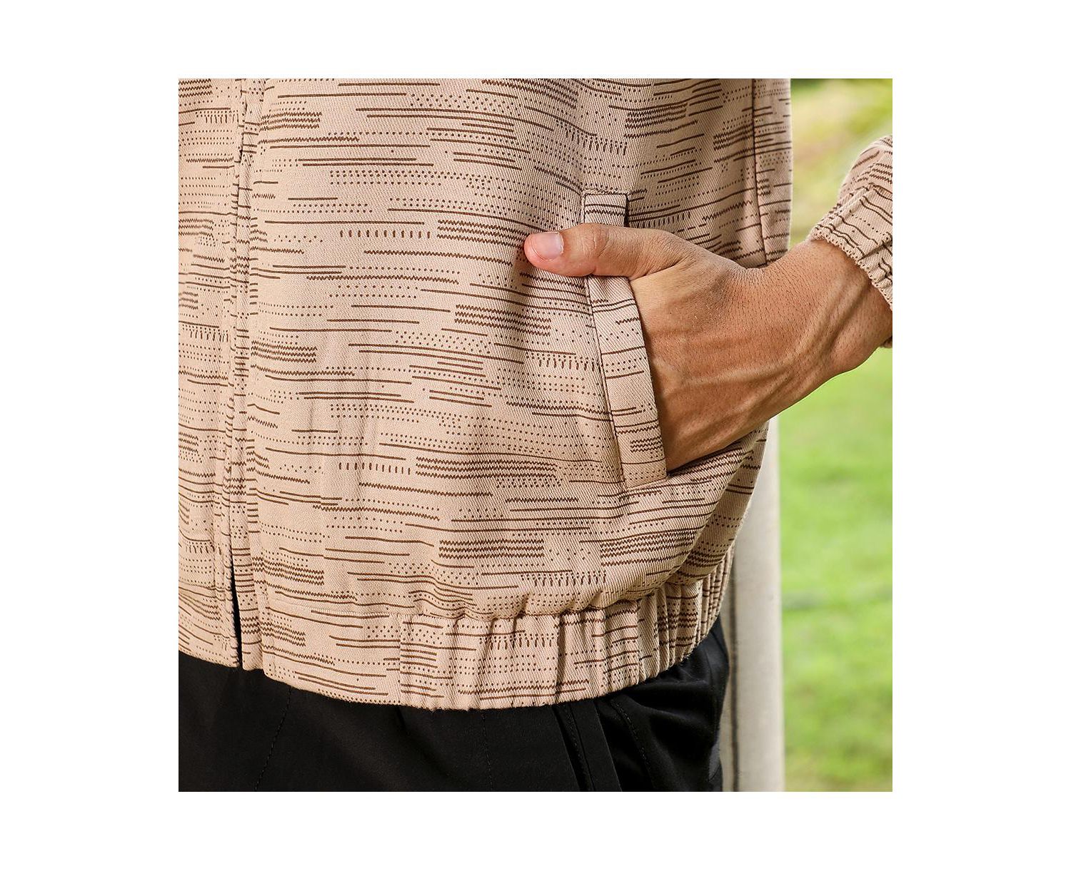 Men's Sand Beige Lined-Jacquard Bomber Jacket