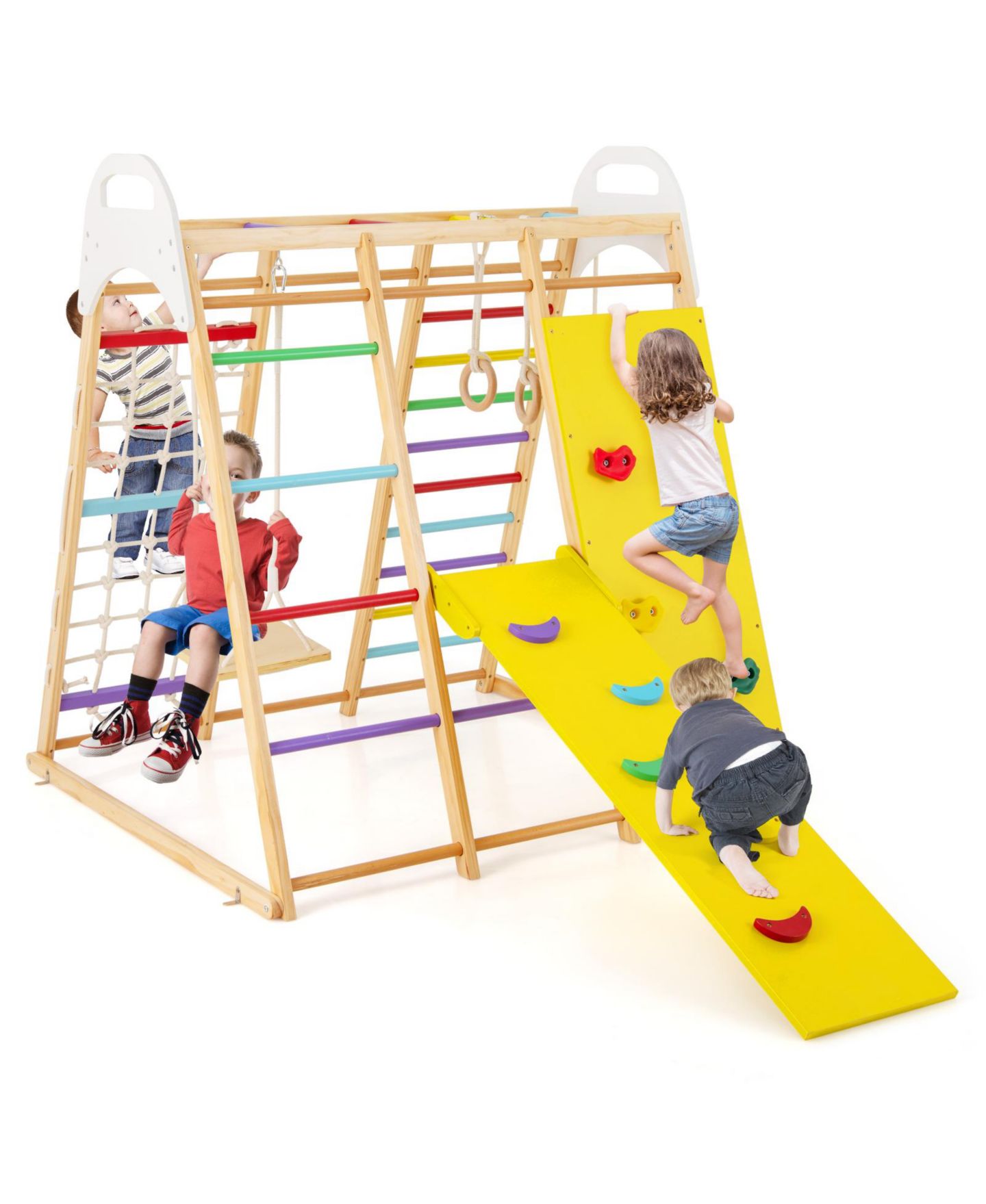 Детский игровой набор HONGGE 8-in-1 Wooden Jungle Gym Playset with Slide, Monkey Bars, and Climbing Wall, цвет: Жёлтый натуральный белый — фото 2