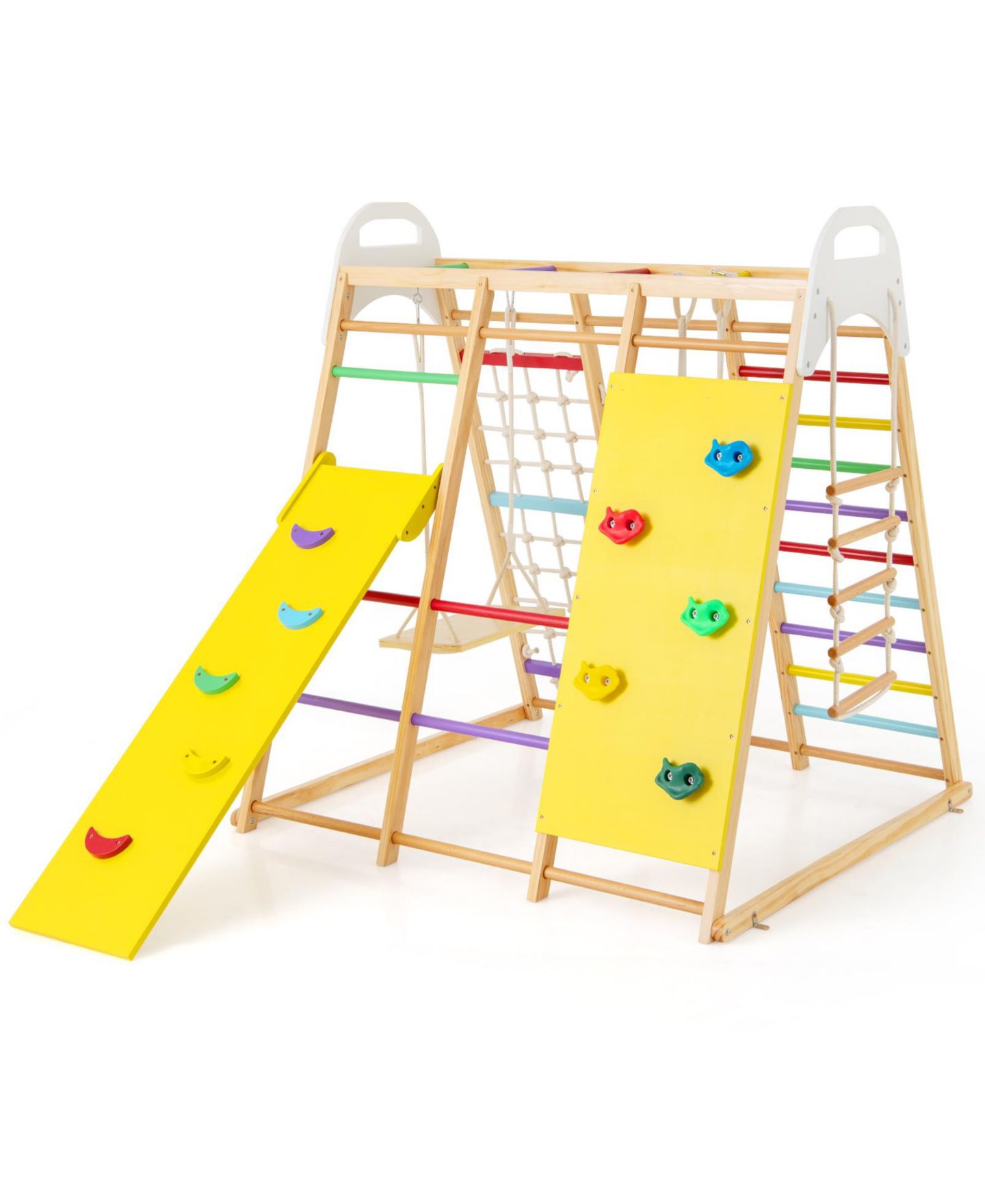 Детский игровой набор HONGGE 8-in-1 Wooden Jungle Gym Playset with Slide, Monkey Bars, and Climbing Wall, цвет: Жёлтый натуральный белый — фото 1