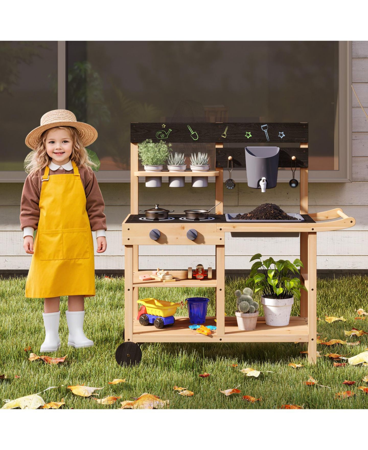 Детская игрушка HONGGE Working Faucet Chalkboard Wooden Mud Kitchen, Ages 3+, цвет: Натуральный — фото 2