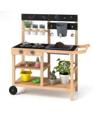 Kids Outdoor Wooden Mud Kitchen Playset with Faucet Sink Chalkboard and Storage