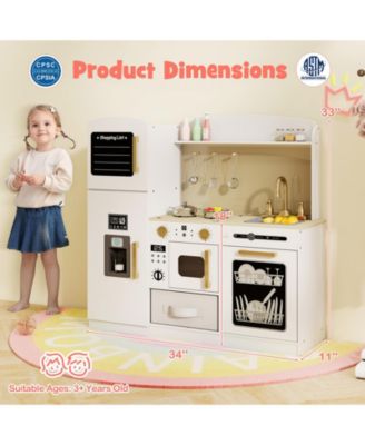 Wooden Kids Kitchen Playset with Chalkboard Ice Maker Sink Lighted Microwave-White