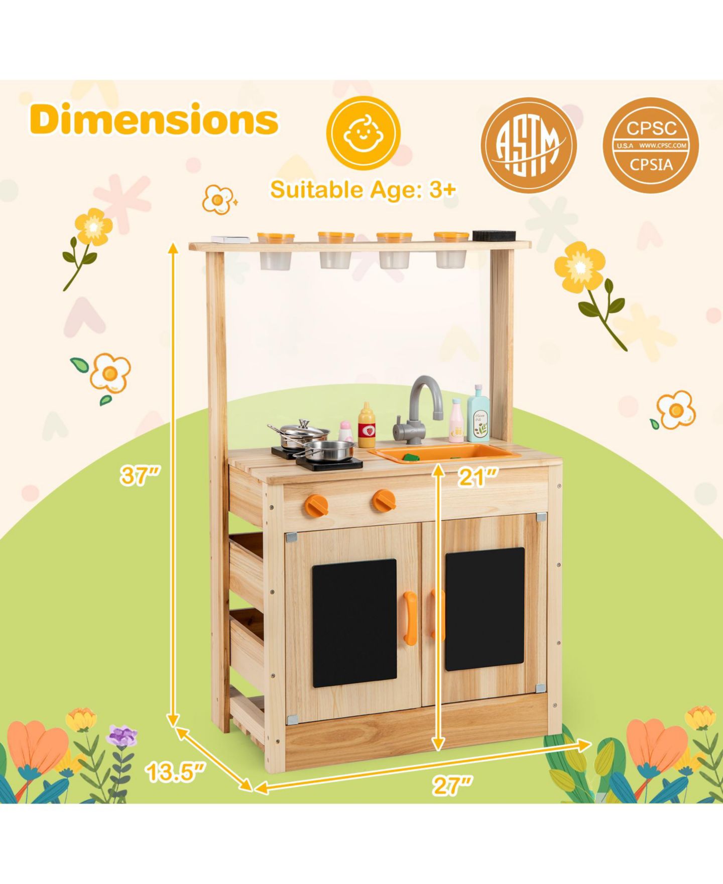 Детский игровой набор SKONYON Outdoor Wooden Mud Kitchen Playset, Ages 3+, цвет: Натуральный — фото 2