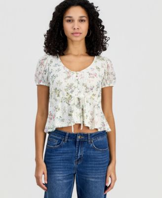 Juniors' Printed Lace Short-Sleeve Babydoll Top