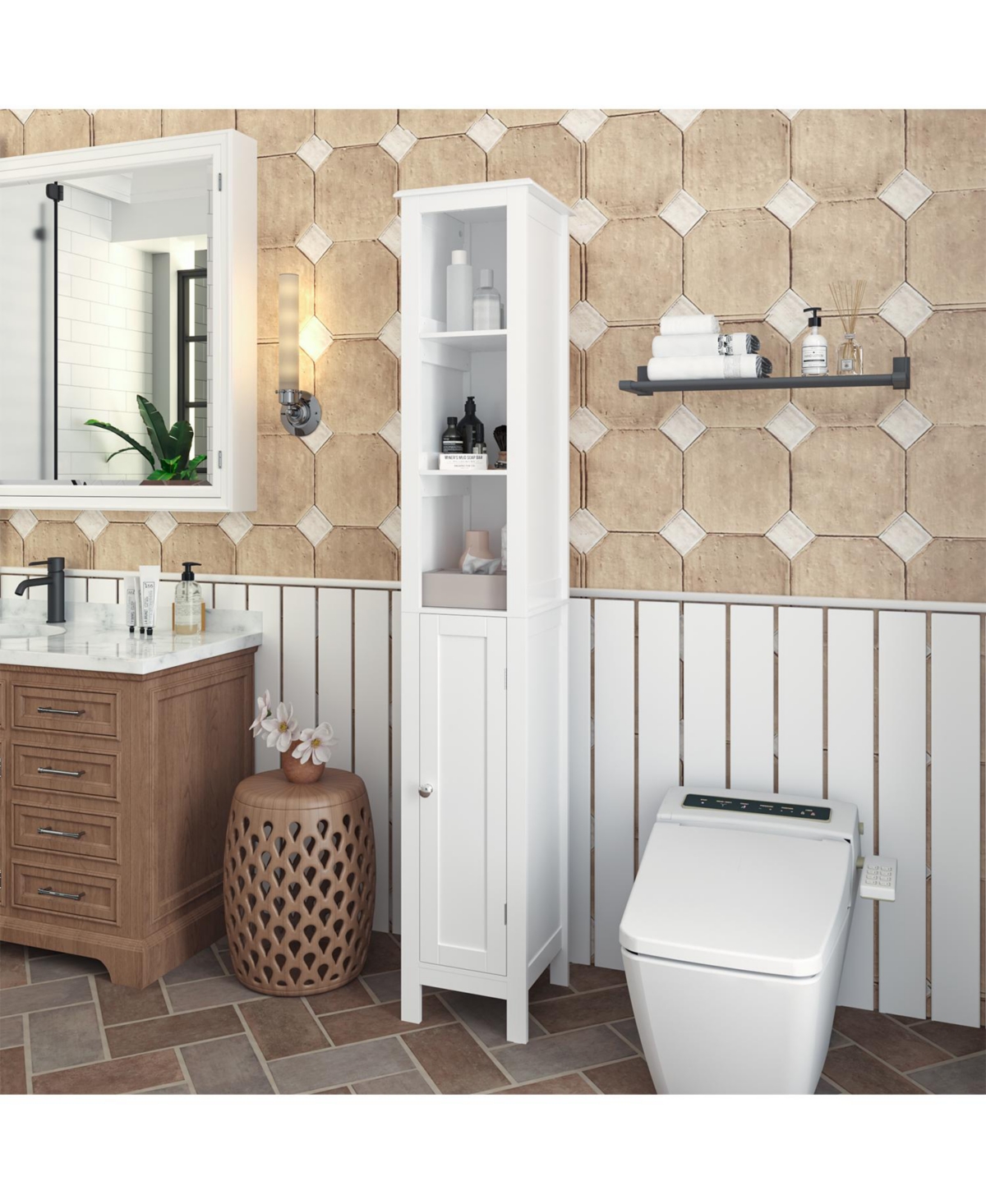 Freestanding Bathroom Storage Cabinet with Adjustable Shelves Slim Single Door Cabinet with Anti Tip and Open Compartments