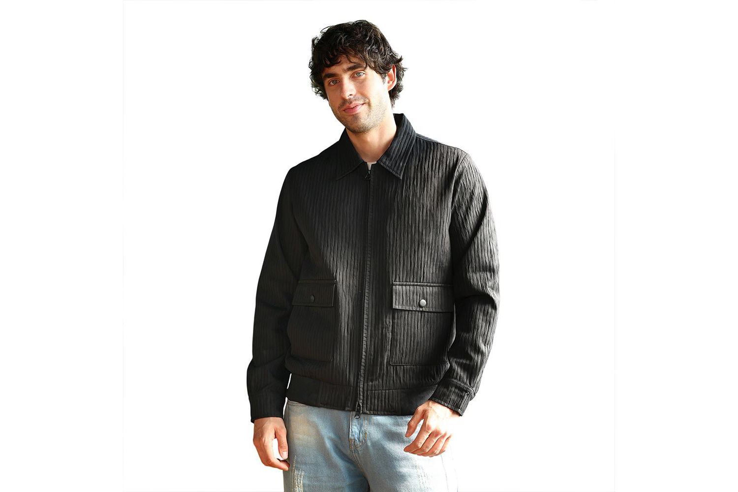 Men's Midnight Black Zip-Front Crease-Tactile Jacket