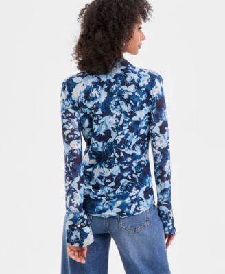 Women's Long-Sleeve Printed Mesh Collared Top