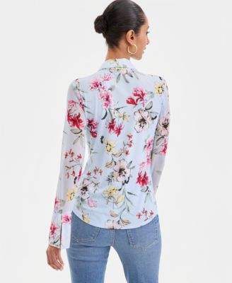 Women's Long-Sleeve Printed Mesh Collared Top