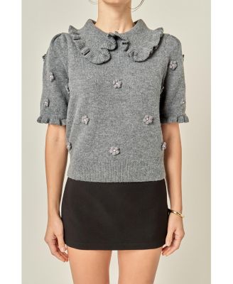 Women's Pearl Floral Ruffle Sleeve Knit