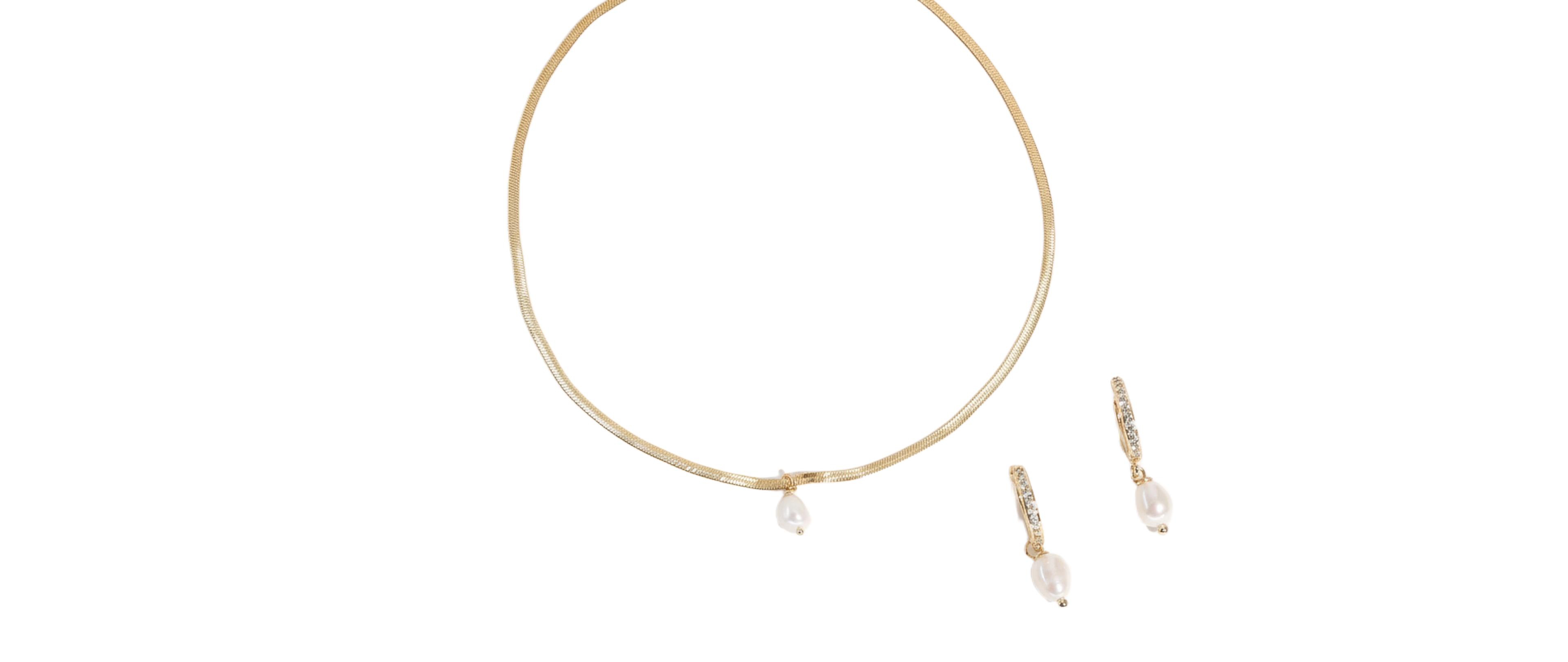 Joey Baby 2-Pc. Set Handcrafted Sleek Snake Chain With Pearl Necklace and Earrings in Plated Finish