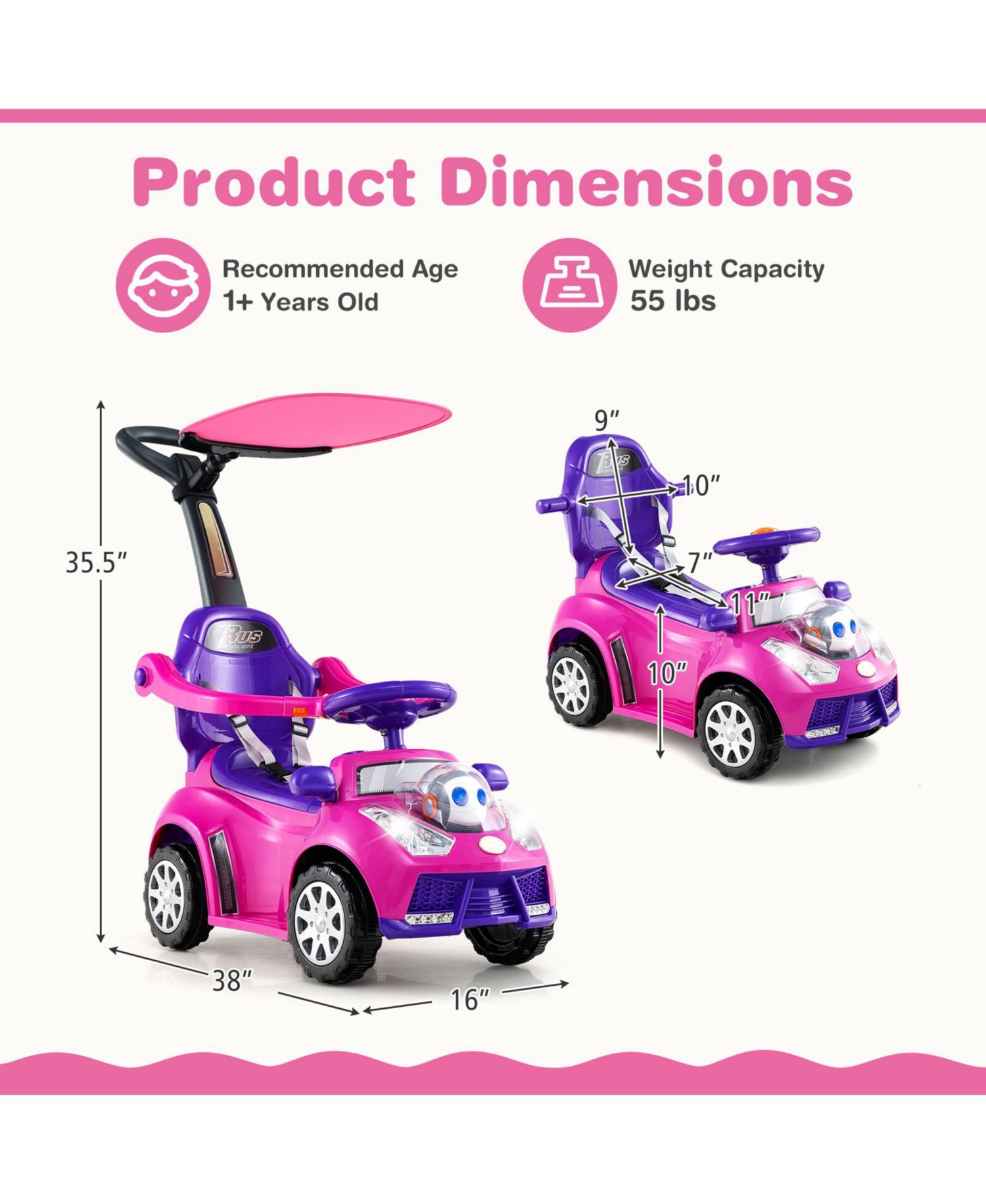 3-in-1 Sliding Walker w/ Adjustable Canopy Horn Music & Light for Boys & Girls