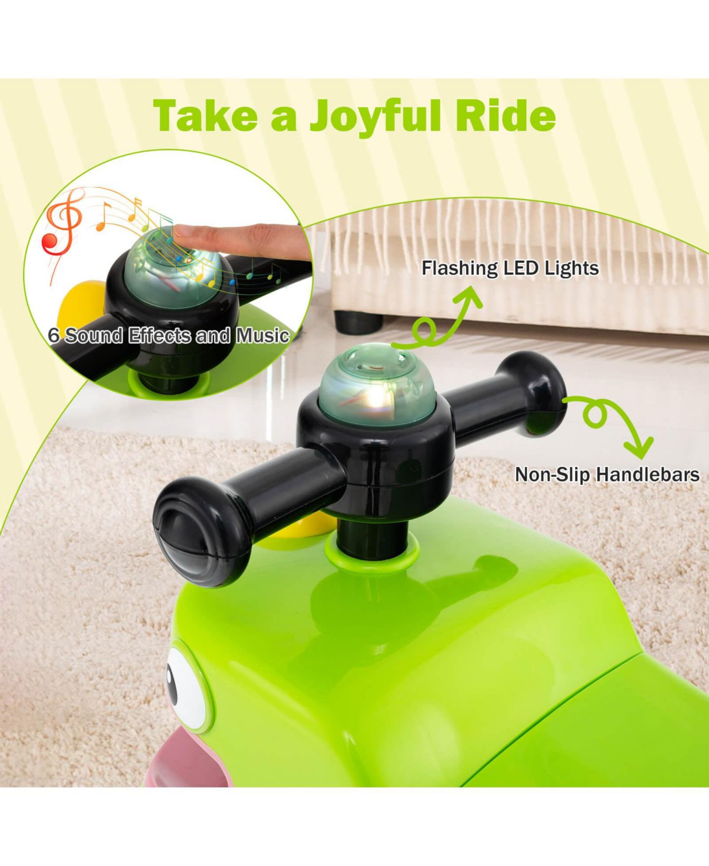 Детская игрушка Costway Baby Dinosaur Sliding Car with LED Lights and Under-Seat Storage Ride-On Toy, 55 lbs. Capacity, Ages 18 Months+, цвет: Зелёный — фото 5