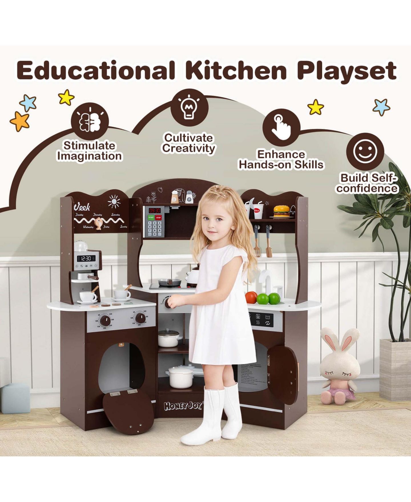 Детский игровой набор Costway Corner Kitchen Playset with Coffee Machine, 12-Piece, Ages 3+, цвет: Коричневый — фото 5