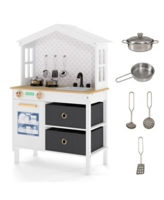 Kids Play Kitchen w/2 Stoves Rotation Knobs Faucet Sink Dishwasher Drawers
