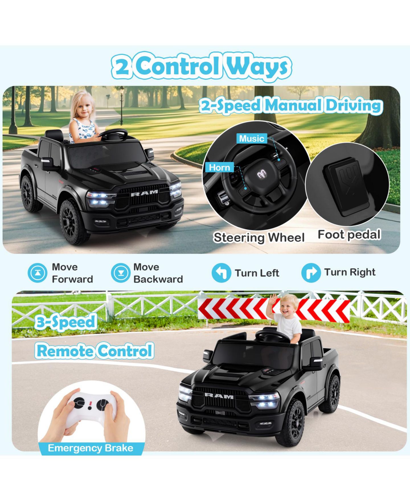 Детская игрушка Gymax Ram 2500 Rebel 2-Seater Remote Control Ride-On Truck, 110 lbs, Ages 3-7 Years, цвет: Чёрный — фото 8