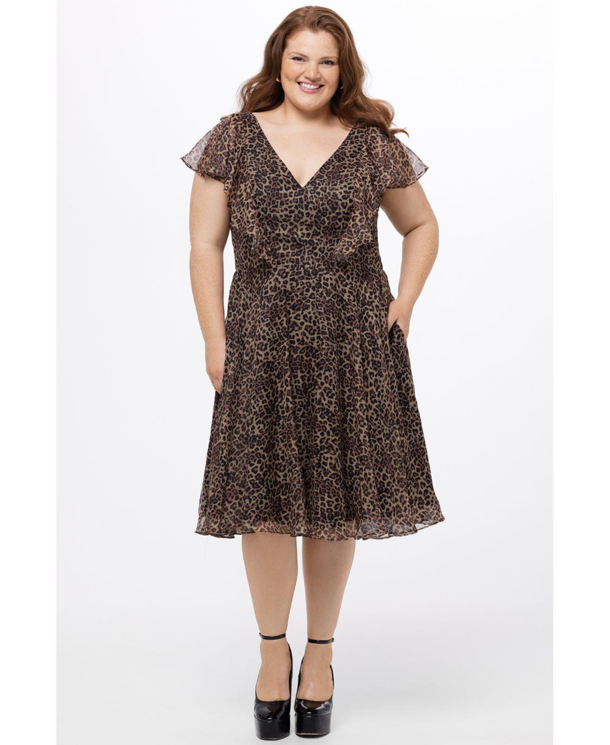 Celebrations by Sydney's Closet Women's V-Neck Flutter Sleeve Animal Print Dress