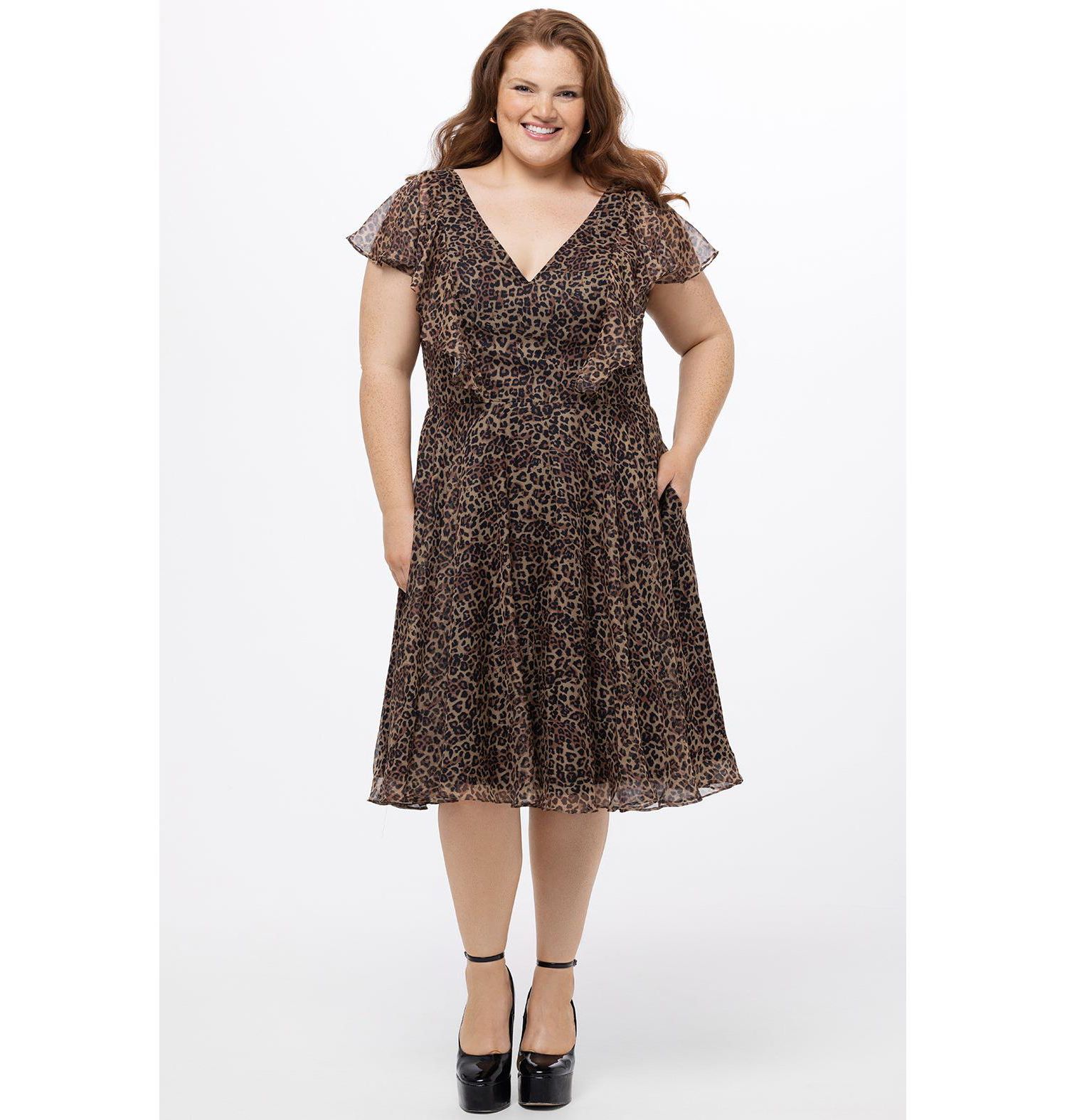 Women's V-Neck Flutter Sleeve Animal Print Dress