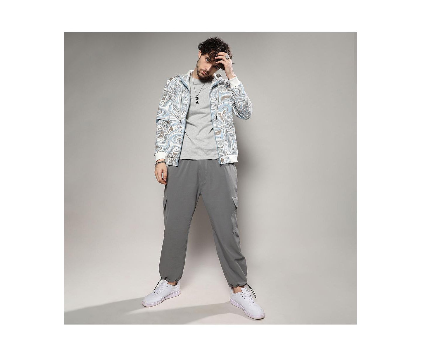 Мужское худи Cahoot Icy Blue and Olive Green Contrast Fluid Zip Front, цвет: Серый — фото 5