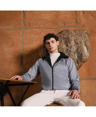 Men's Coin Grey Contrast Sherpa-Lined Suede Bomber Jacket