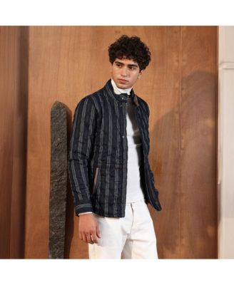 Men's Navy Blue Woven-Striped Quilted Jacket