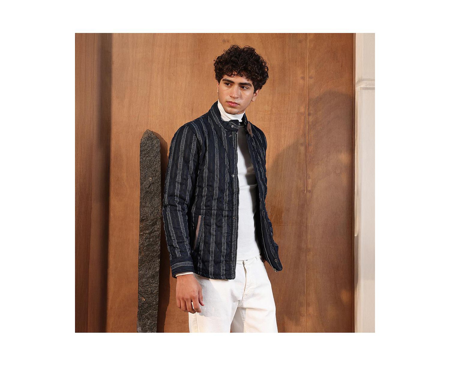Men's Navy Blue Woven-Striped Quilted Jacket