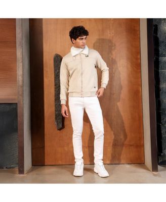 Men's Saltbox Beige Contrast Sherpa-Lined Suede Bomber Jacket