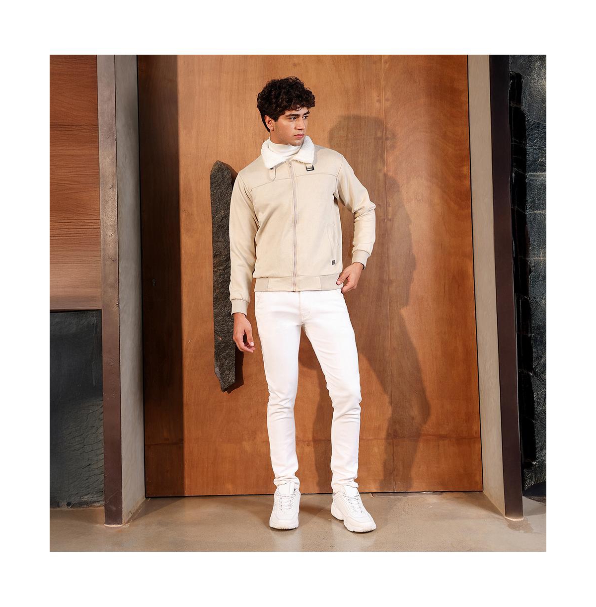 Campus Sutra Men's Saltbox Beige Contrast Sherpa-Lined Suede Bomber Jacket