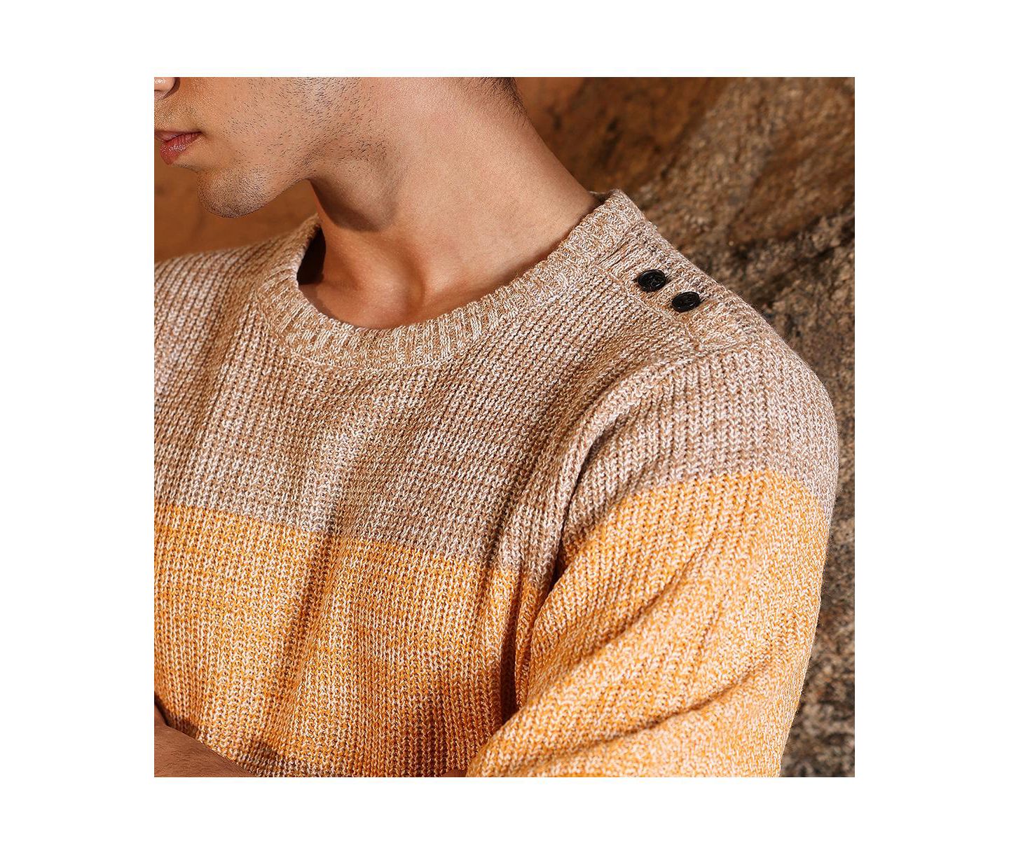 Мужской свитер Campus Sutra Pumpkin Orange & Chocolate Brown Panel-Jacquard Knit Pullover, цвет: Жёлтый — фото 7