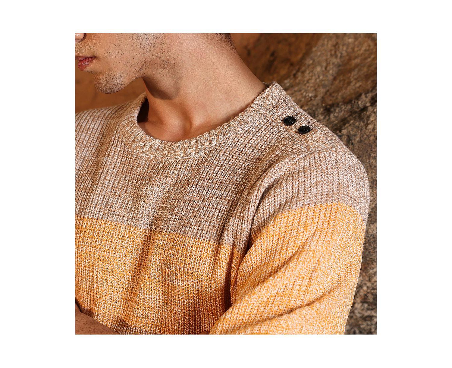 Men's Pumpkin Orange & Chocolate Brown Panel-Jacquard Knit Pullover Sweater