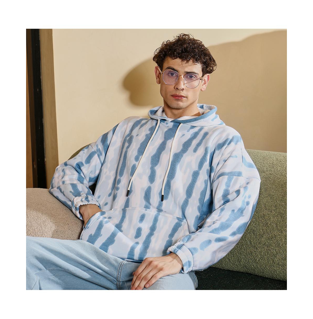 Campus Sutra Men's Sky Blue Dye-Drip Pullover Hoodie