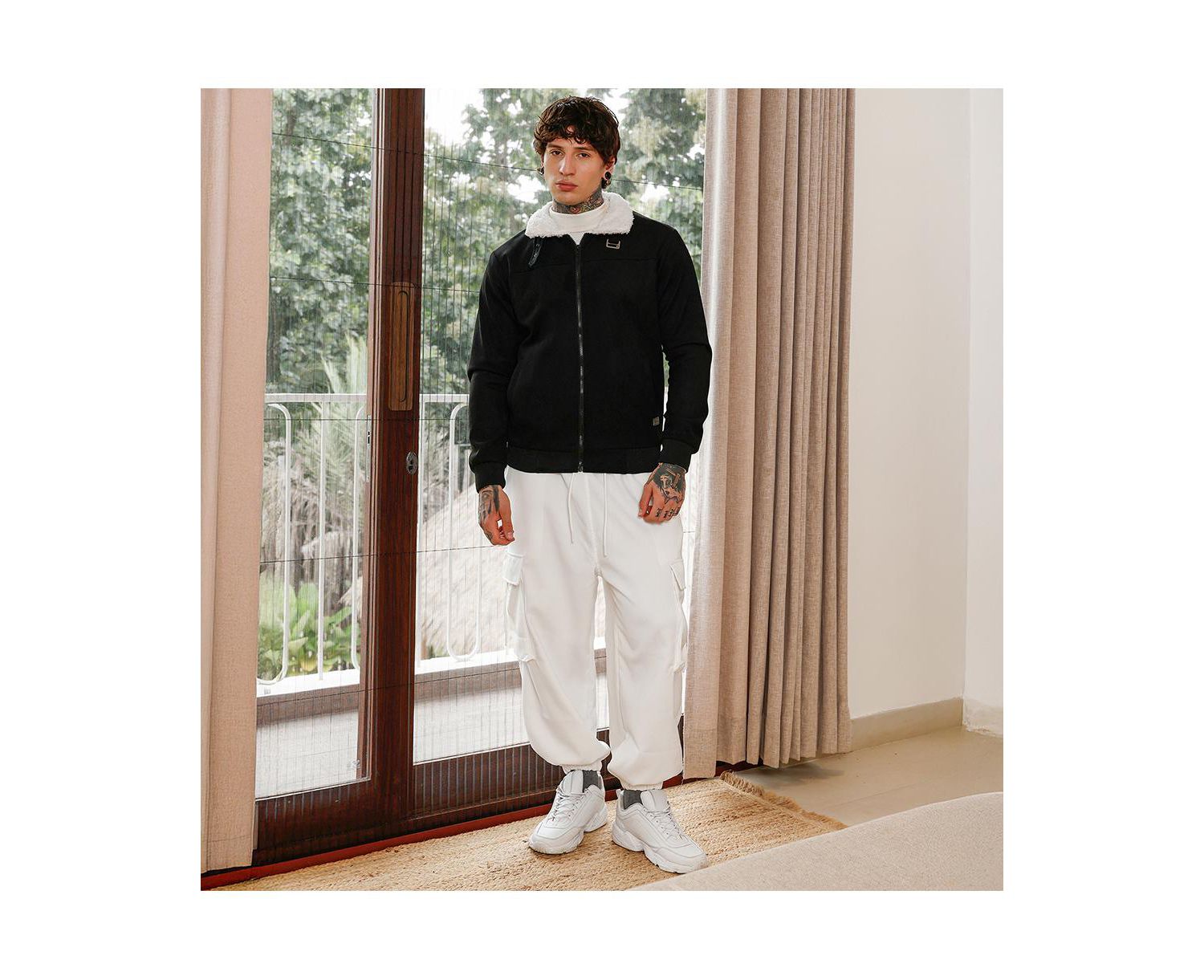 Men's Raven Black Contrast Sherpa-Lined Suede Bomber Jacket