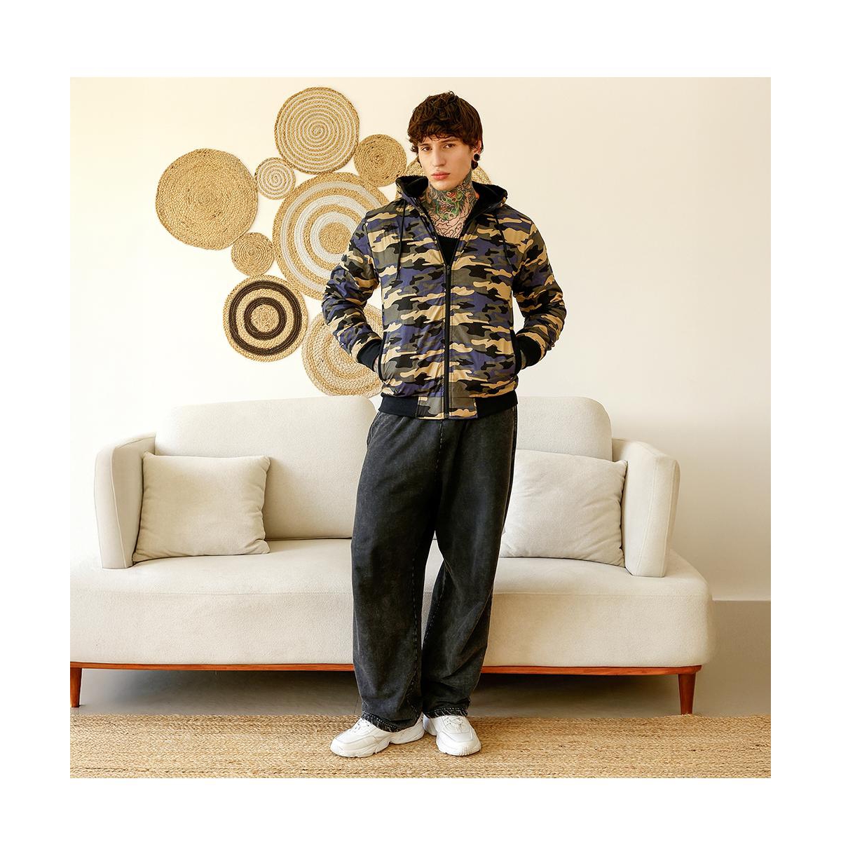 Campus Sutra Men's Army Green & Khaki Beige Camouflage Fleece-Lined Jacket