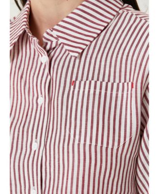 Women's Red Striped Linen Crop Shirt