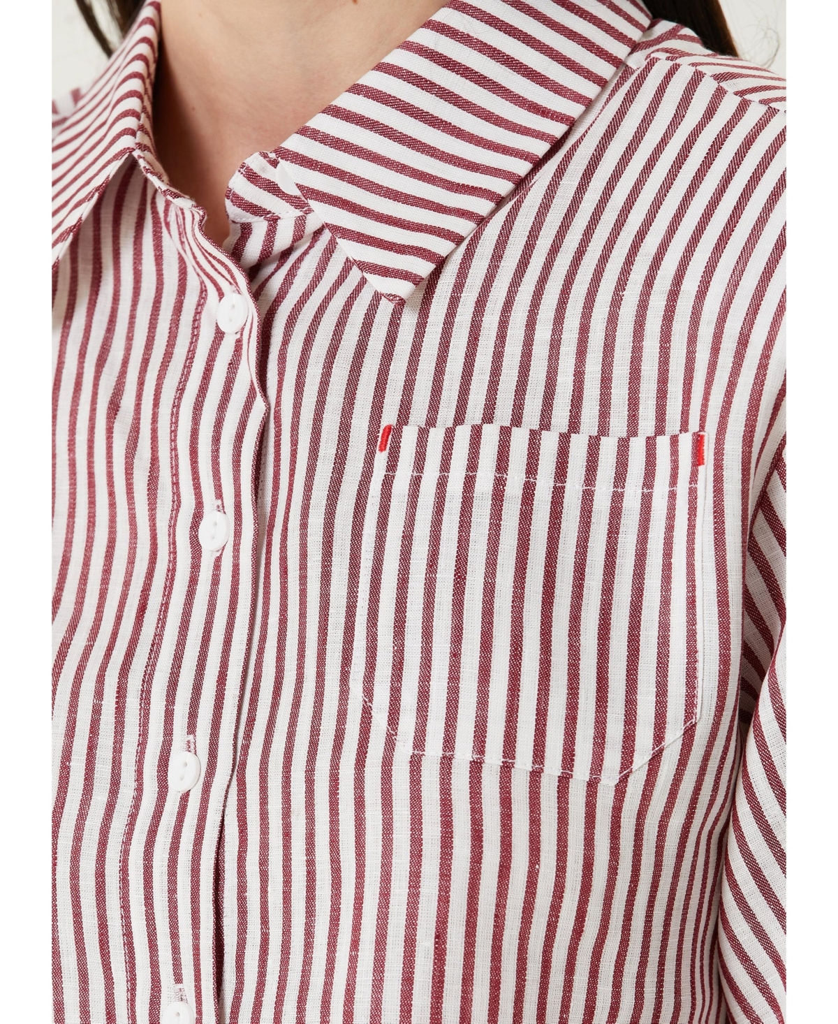 Pcfg Women's Red Striped Linen Crop Shirt
