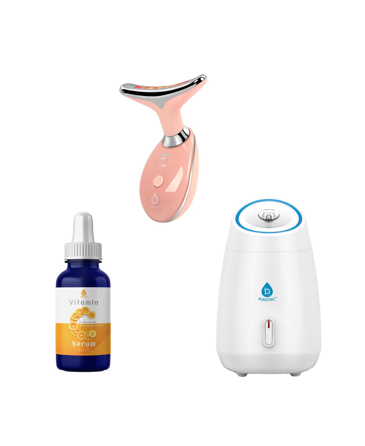 Pursonic Glow & Renew Skincare Bundle: Facial Steamer, 7-in-1 Led Light Therapy Device & Vitamin C 20% Serum
