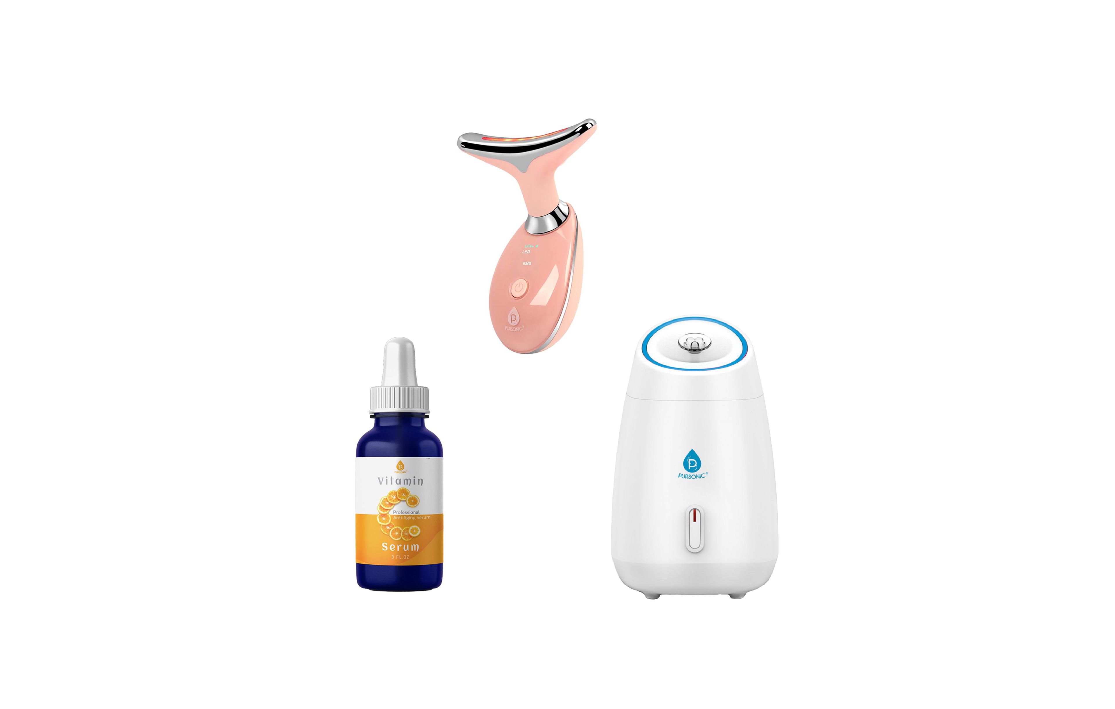 Pursonic Glow & Renew Skincare Bundle: Facial Steamer, 7-in-1 Led Light Therapy Device & Vitamin C 20% Serum