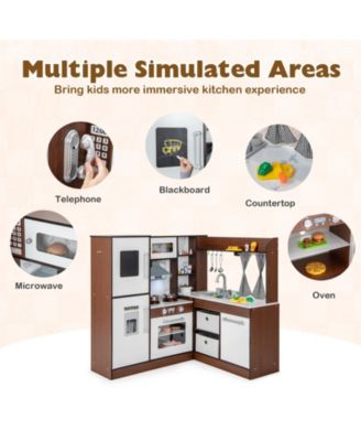 SUGIFT Wooden Corner Play Kitchen with Water Circulation System and Lights