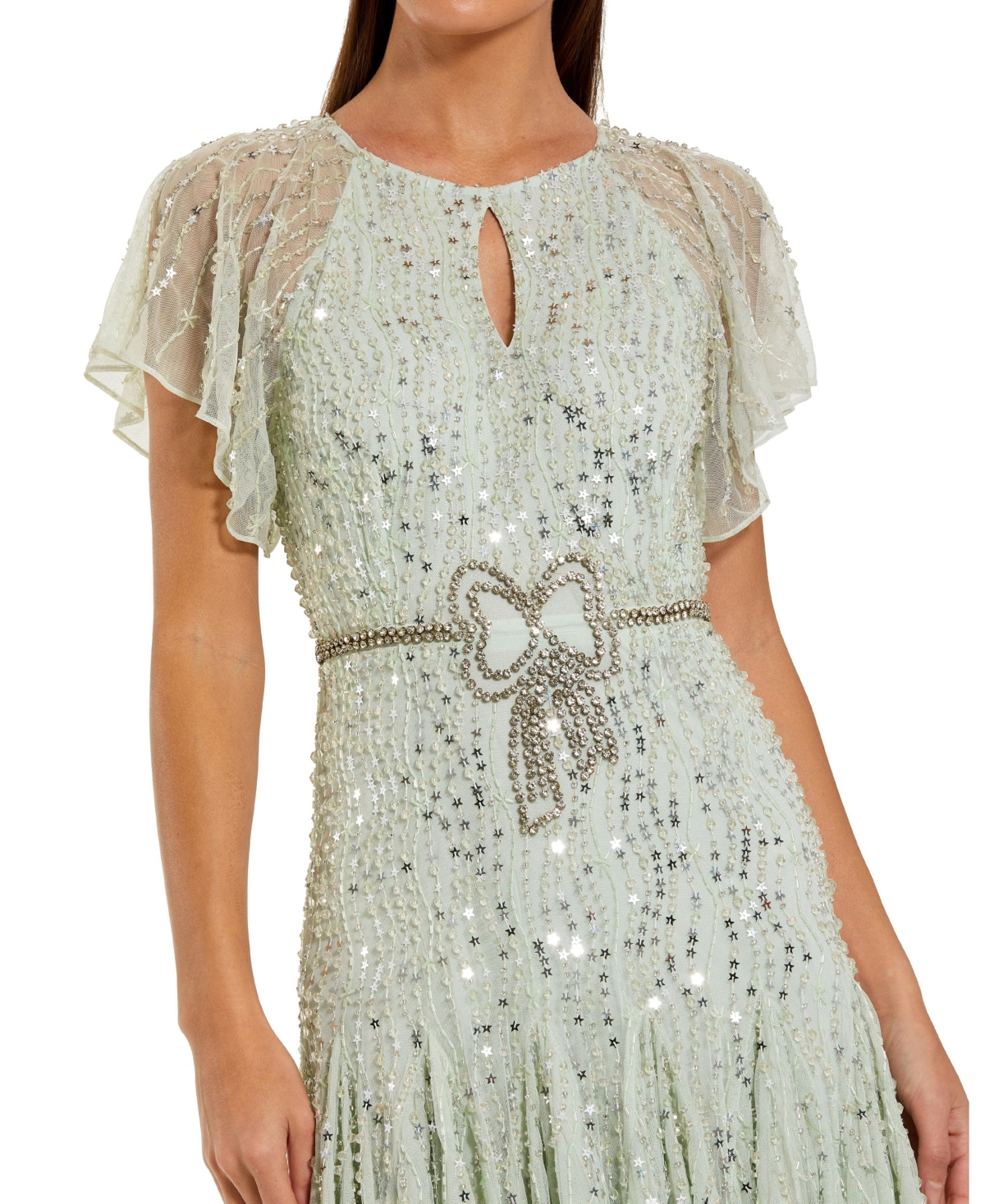 Mac Duggal Women's Enbellished Bow Flutter Sleeve A Line Midi Dress