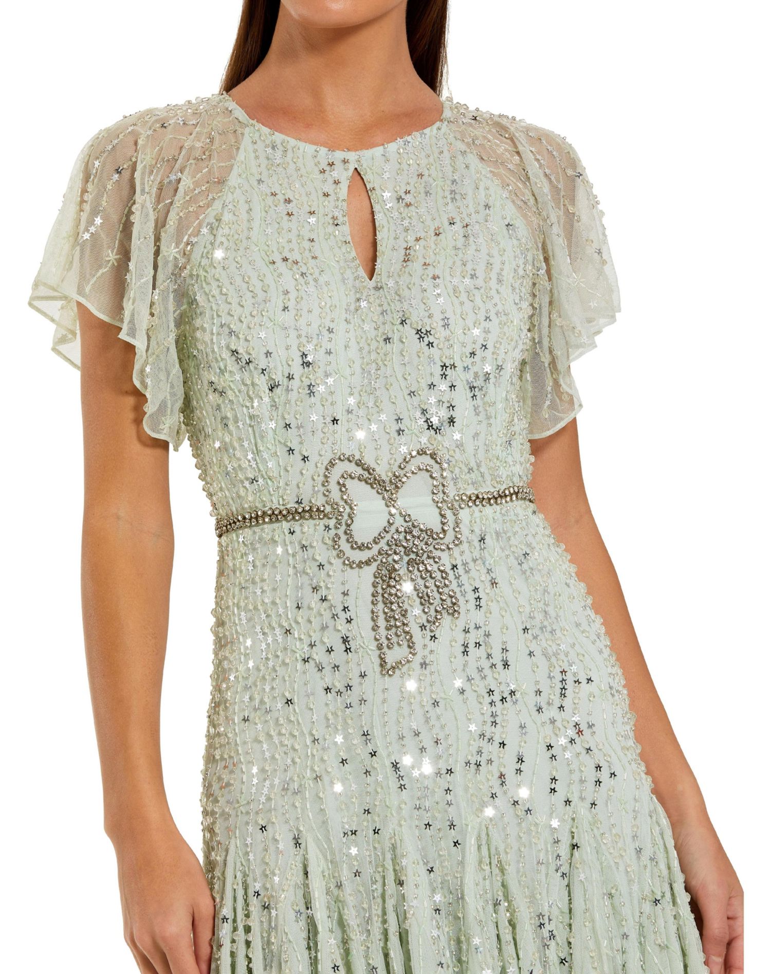 Women's Enbellished Bow Flutter Sleeve A Line Midi Dress