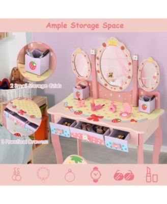 Kids Vanity Princess Makeup Dressing Table Chair Set with Tri-fold Mirror, White