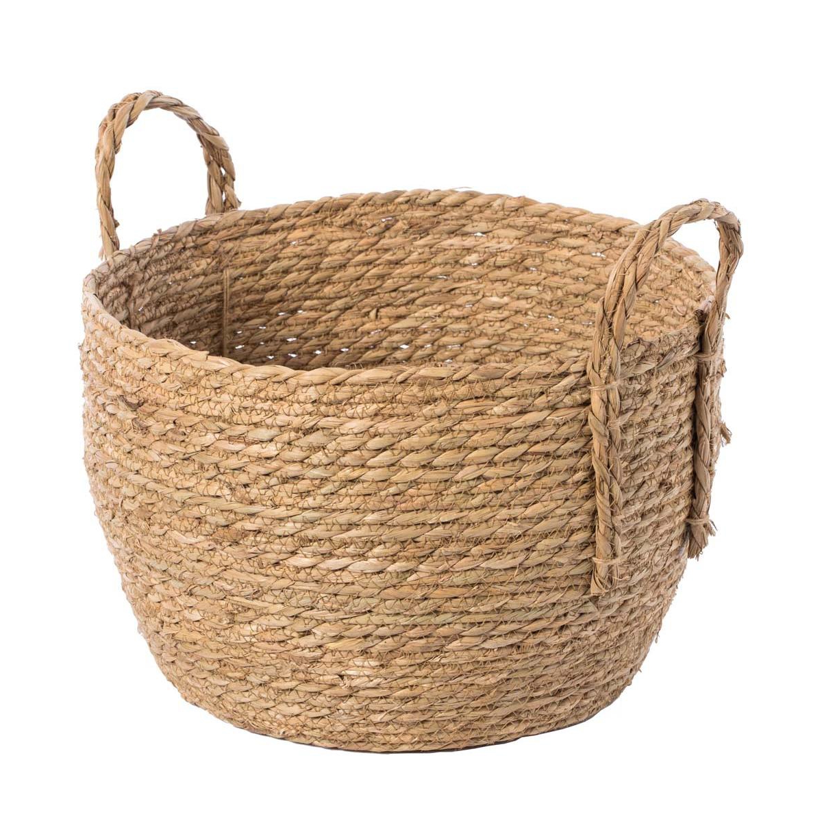 Wickerwise Decorative Round Wicker Woven Rope Storage Blanket Basket with Braided Handles