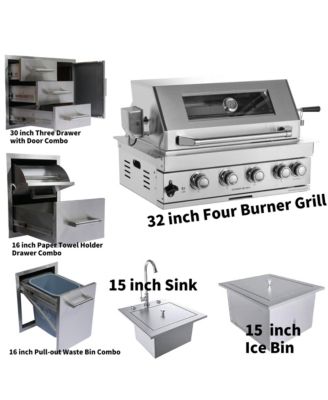 32" Built-In Gas Grill Outdoor Kitchen with Infrared Burner, Sink & Ice Bin