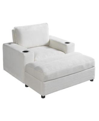 Oversized Corduroy Chaise Lounge with Storage Ottoman, Cup Holders & USB